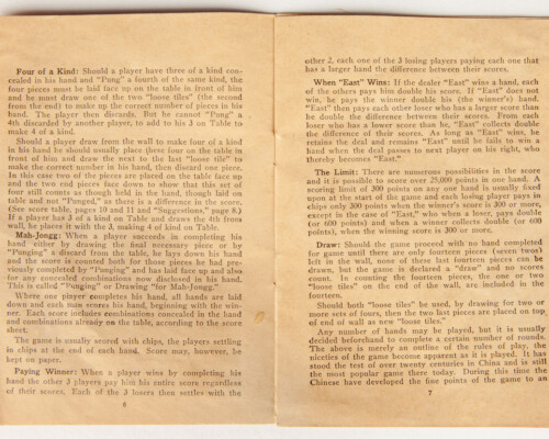 Page illustrating the the rules and set up of Mah-Jongg.