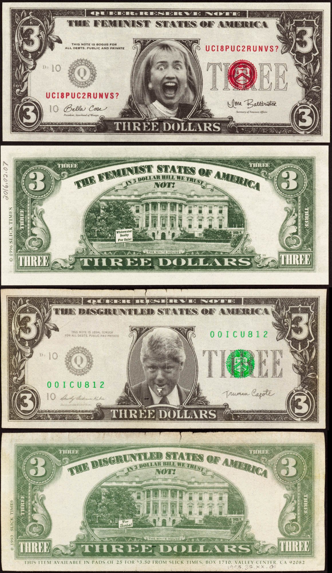 1993 President Bill Clinton $3 dollar bill Slick Times Novelty